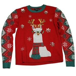 33 Degrees Ugly Christmas Sweater with Lama with Glasses Red and Green Size M